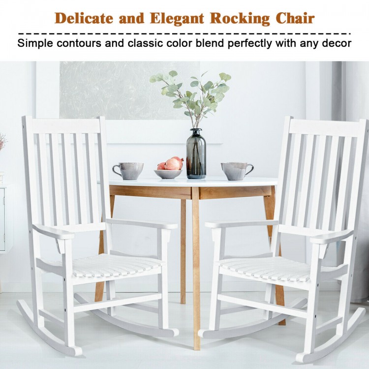 White wooden high back rocking chair with contoured seat, ideal for indoor and outdoor relaxation on patio or balcony.