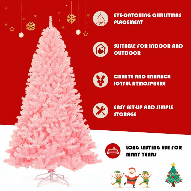 Full view of a 7.5 feet pink hinged artificial Christmas tree, made of high-quality PVC, perfect for festive.