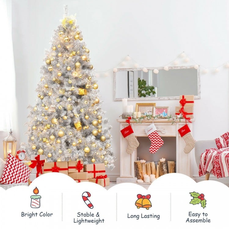 7.5 ft hinged unlit artificial silver tinsel Christmas tree with 1258 branch tips, perfect for festive indoor.
