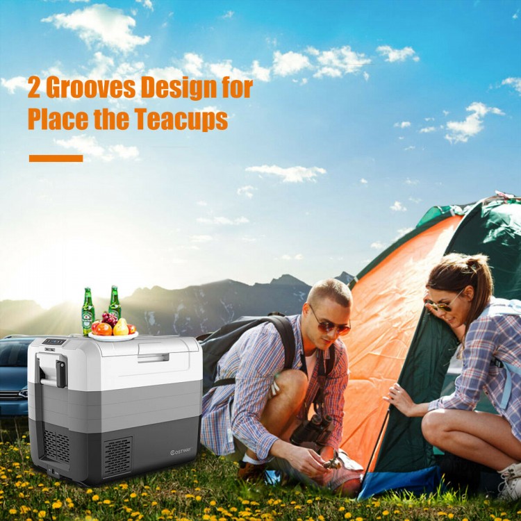 Portable 70 Quart Electric Car Camping Cooler with dual-zone design and two-way door, ideal for outdoor use.