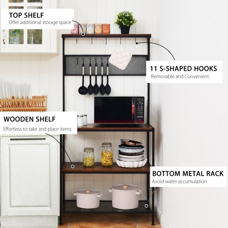 4-tier kitchen rack stand with 3 wooden shelves, grid layer, and 11 S-shaped hooks for convenient storage and.