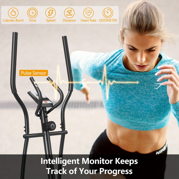 Elliptical exercise machine with LCD monitor and pulse sensor, featuring 8-level magnetic resistance for home workouts.
