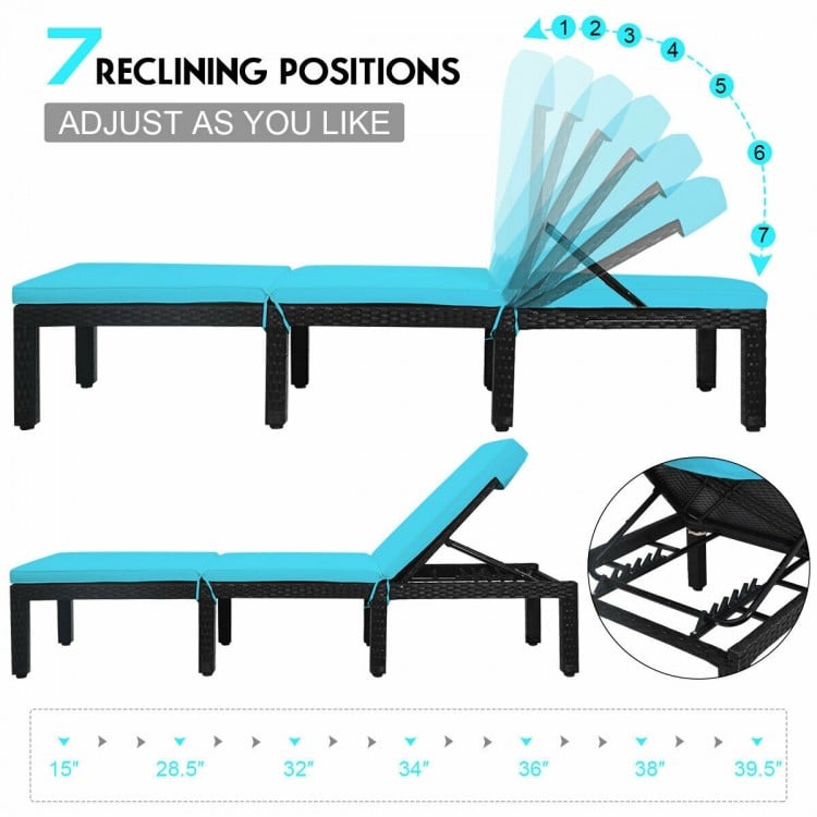 Height adjustable patio rattan lounge chair in blue with soft cushion, featuring 6 reclining positions for comfort.