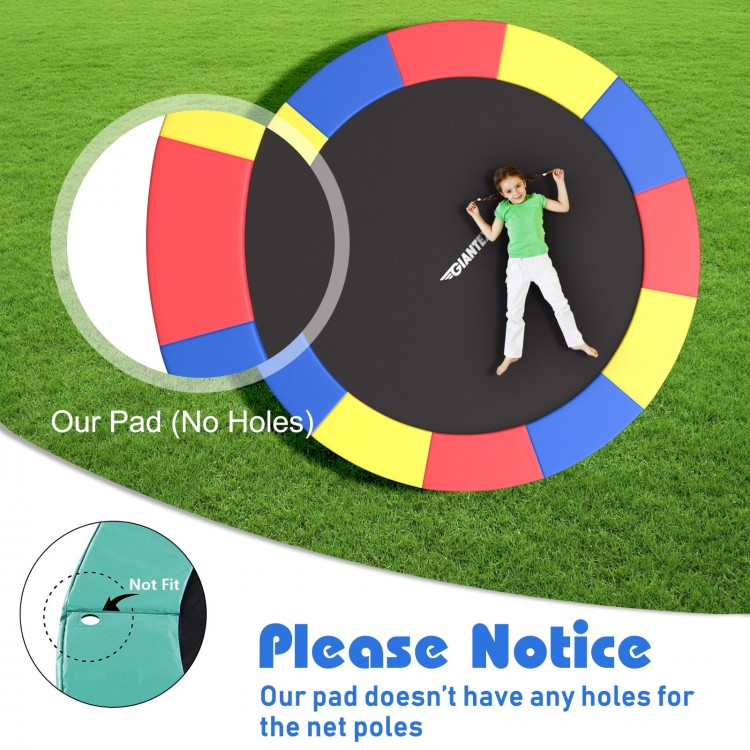 Multicolor 8 feet trampoline safety cover with thick EPE foam, seamless design, and elastic straps for easy attachment.