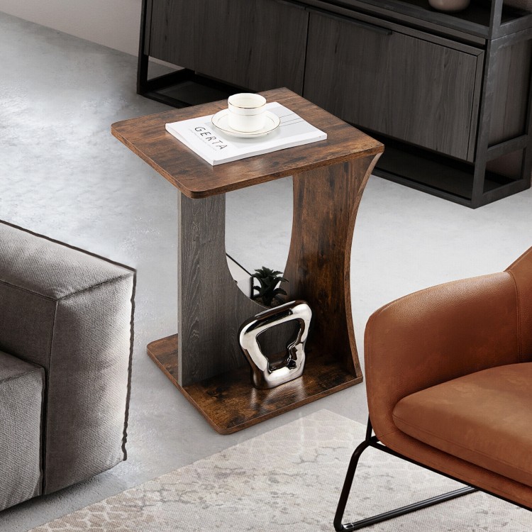 Compact C-shape side table in rustic brown with natural wood grain, ideal for living room or office storage.
