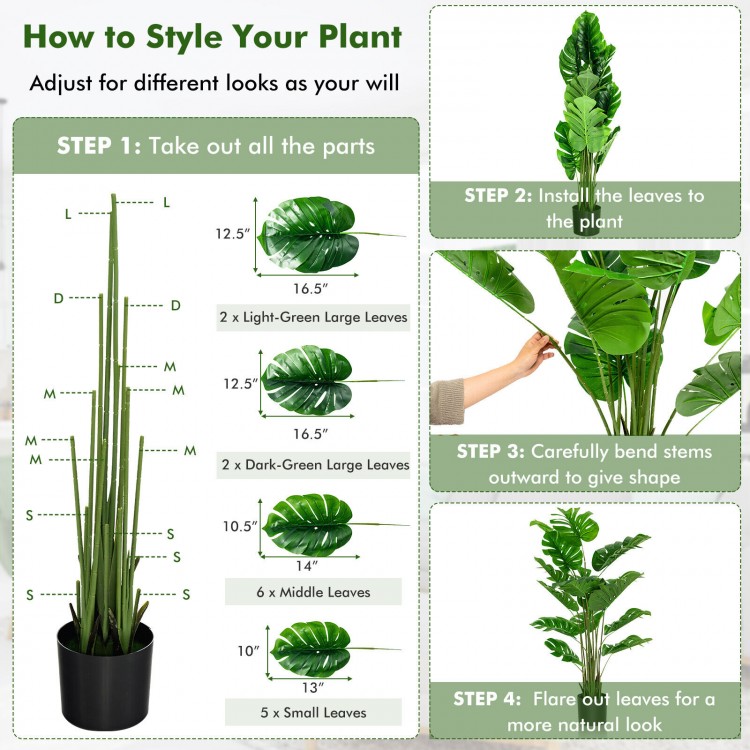 5-foot artificial monstera tree set with 15 large PEVA leaves, perfect for indoor or outdoor decoration.
