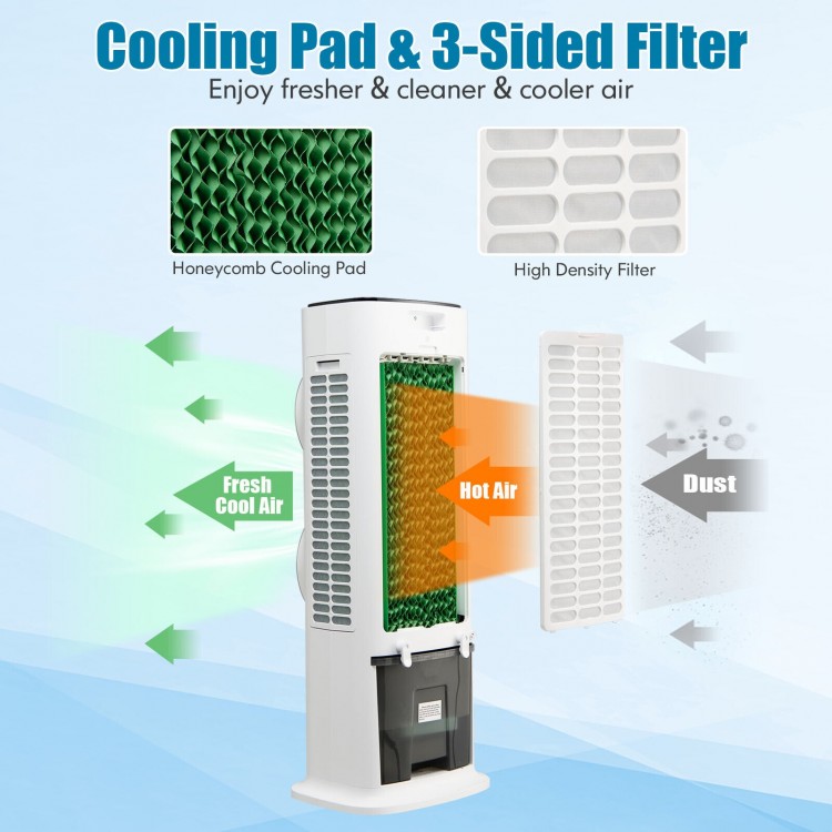 3-in-1 evaporative air cooler with honeycomb cooling pad, 3-sided filter, and remote control for customizable airflow.