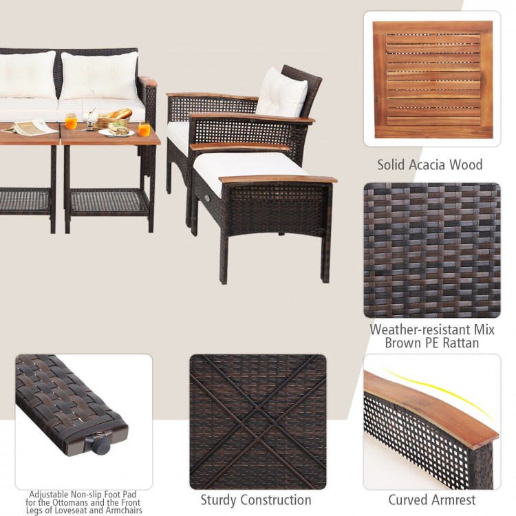 Patio rattan conversation set featuring solid acacia wood, weather-resistant brown PE rattan, and soft cushions for.