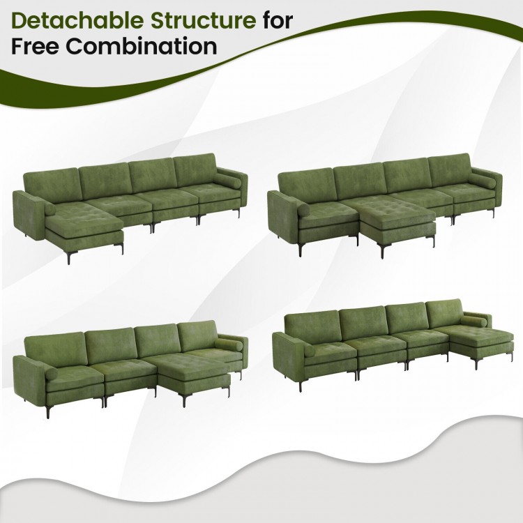Modular L-shaped sectional sofa in army green with reversible chaise, USB ports, and detachable structure for versatile.