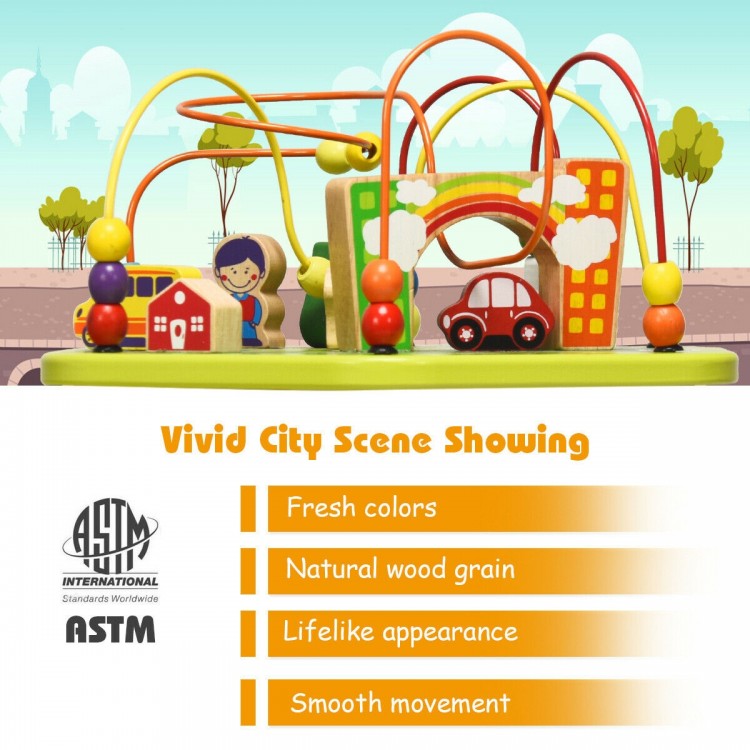 Wooden activity cube toy featuring vibrant colors, car and house patterns, designed for early education and skill.