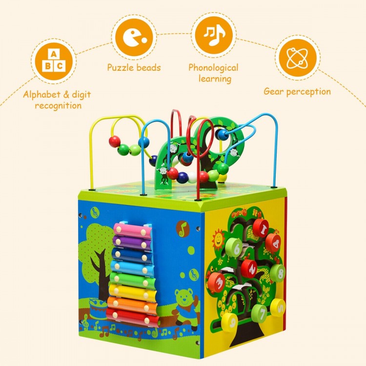 Colorful 5-in-1 wooden activity cube toy featuring bead maze, xylophone, and gear for early educational play.