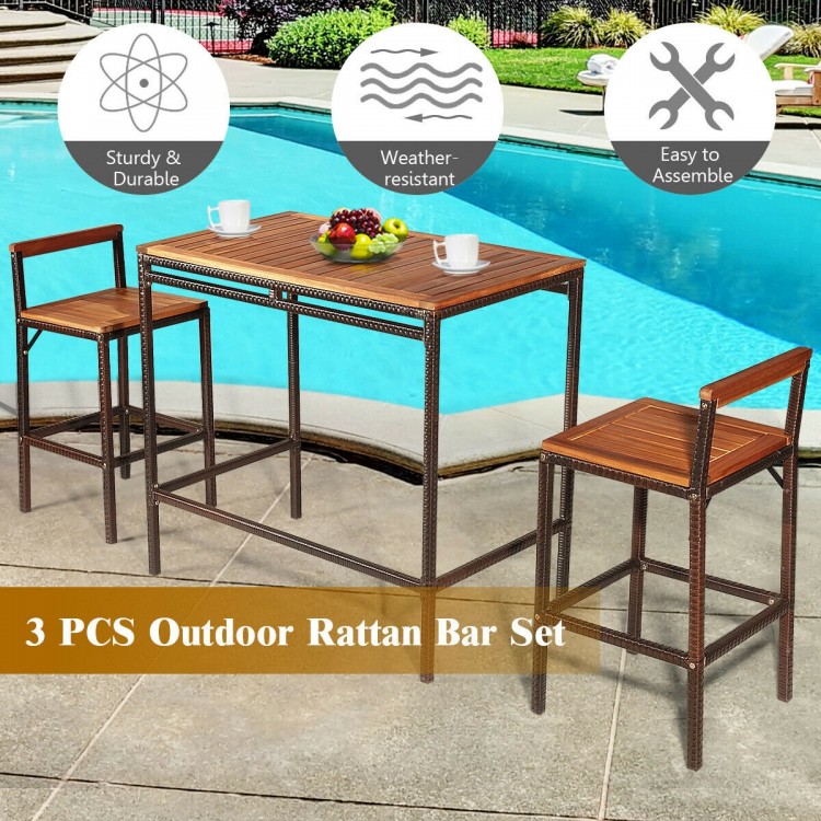 3-piece outdoor rattan bar set featuring a solid acacia wood tabletop and sturdy steel frame, perfect for patios and.