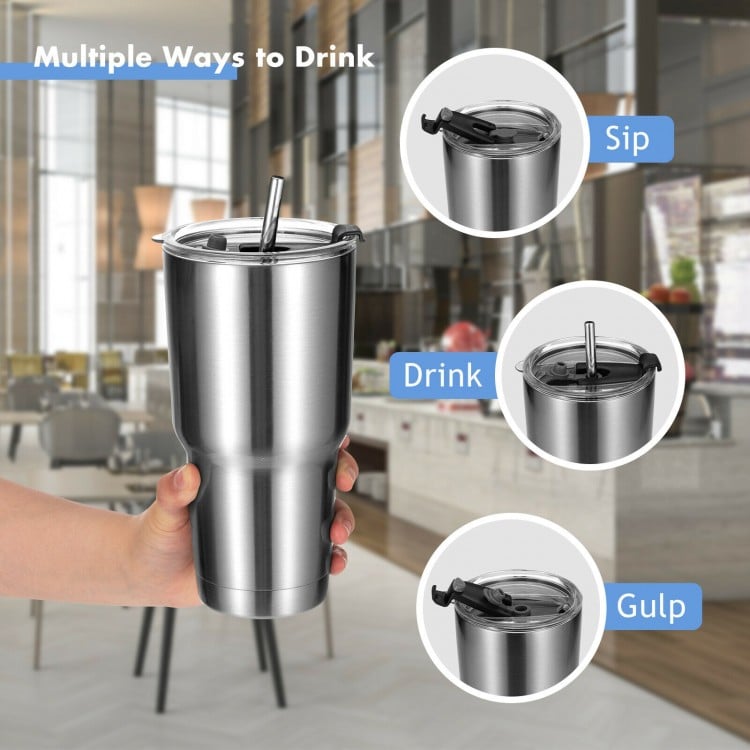 30oz stainless steel tumbler cup with lid, featuring double wall insulation and three drinking options for versatile.