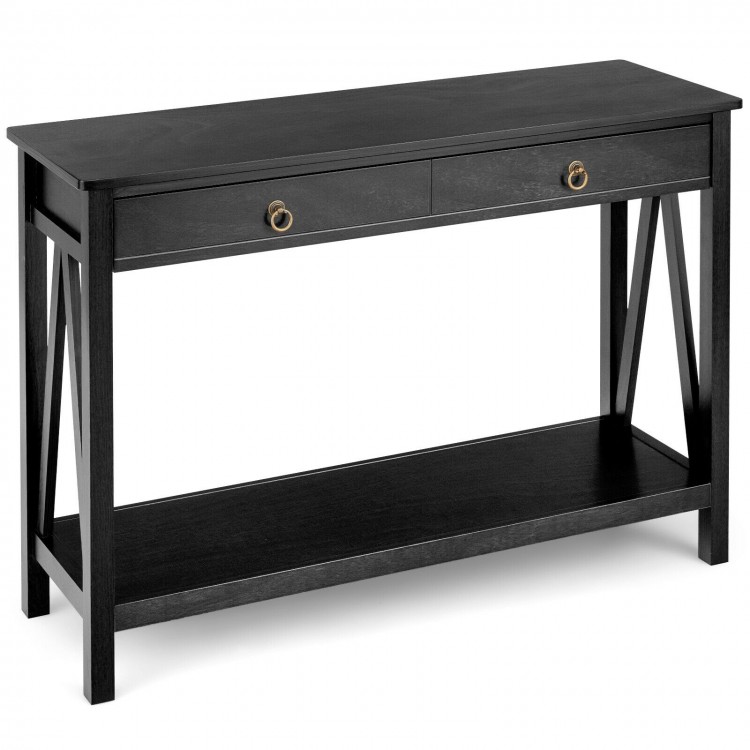 Stylish black console table featuring 2 drawers and an open shelf, perfect for organizing your entryway or hallway.
