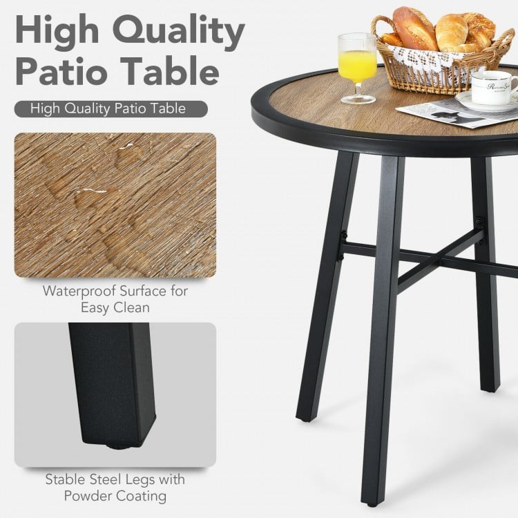 29-inch round patio table with wood-like top and sturdy steel frame, ideal for indoor and outdoor use.