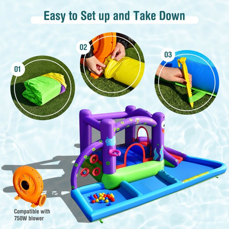Inflatable water slide castle with octopus design, featuring a splash pool, ball pit, and easy setup for backyard fun.