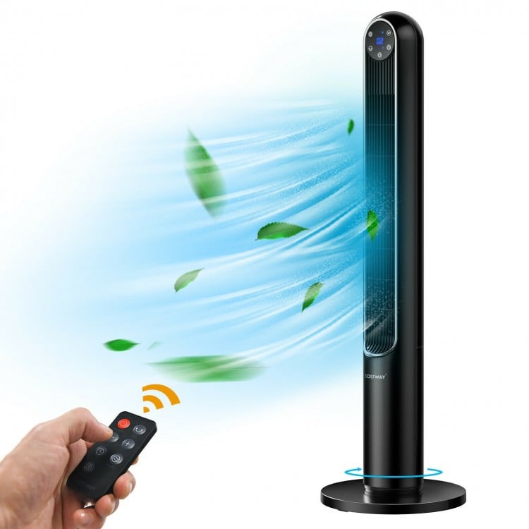 Remote control for a 42-inch black tower fan, designed for easy operation and personalized airflow in any environment.