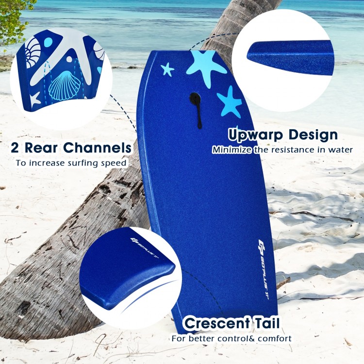 Blue 41-inch bodyboard with crescent tail and rear channels, designed for stability and comfort in water sports.