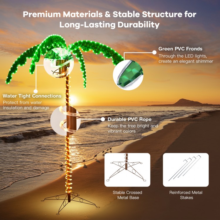 7 feet LED pre-lit palm tree decor with waterproof PVC fronds and stable metal base, perfect for indoor and outdoor use.