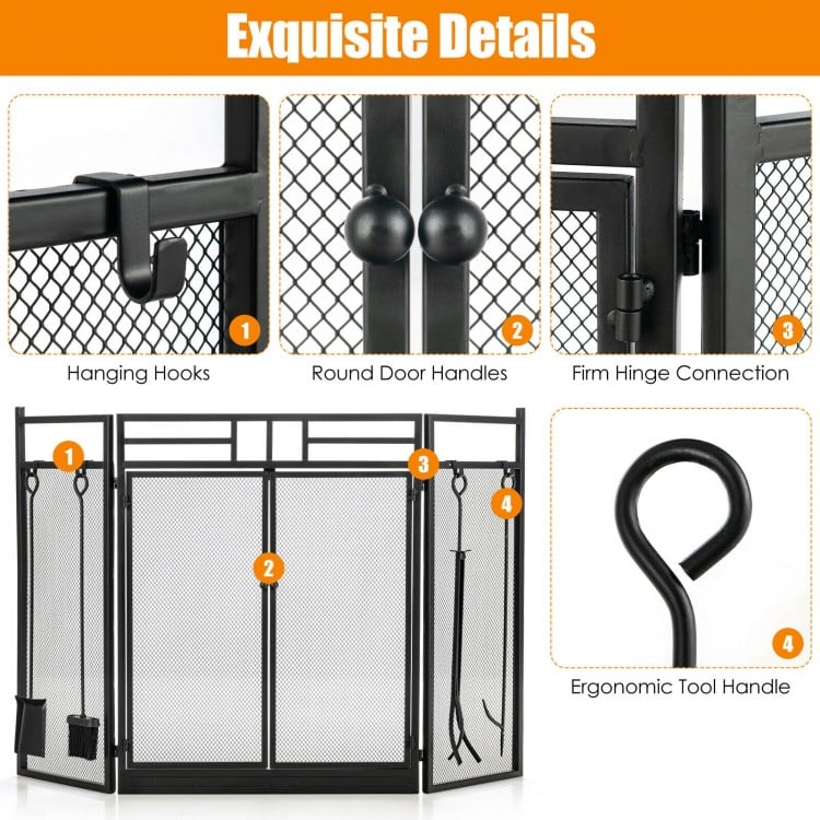 3-panel black wrought iron fireplace screen with ergonomic tool handle and hanging hooks for safety and convenience.