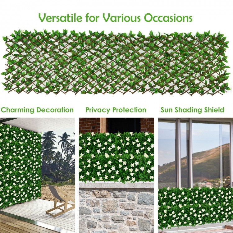 Expandable faux ivy privacy screen panel with white flowers, ideal for decoration and sun shading in various settings.