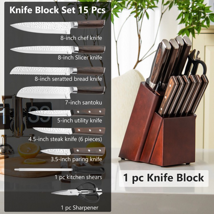 15-piece stainless steel knife block set with ergonomic handles, including chef knife, sharpener, and kitchen shears.