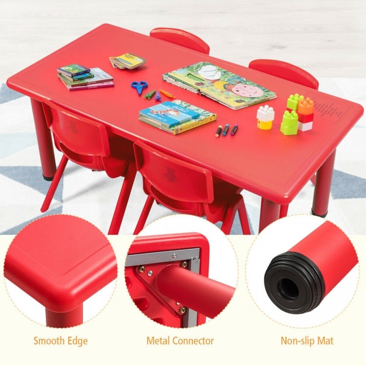 Kids plastic rectangular learn and play table in red with smooth edges, metal connector, and non-slip mat for safety.