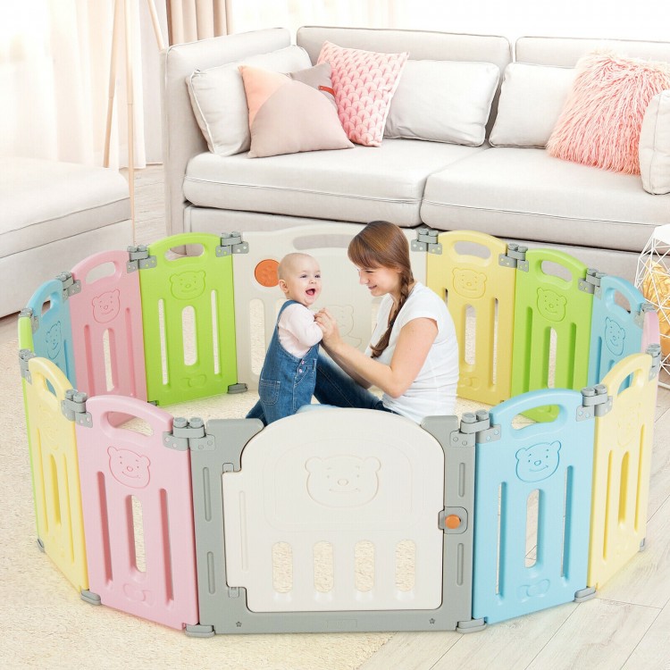 Foldable baby playpen with 14 colorful panels, featuring a safety lock and educational toy panel for safe play.