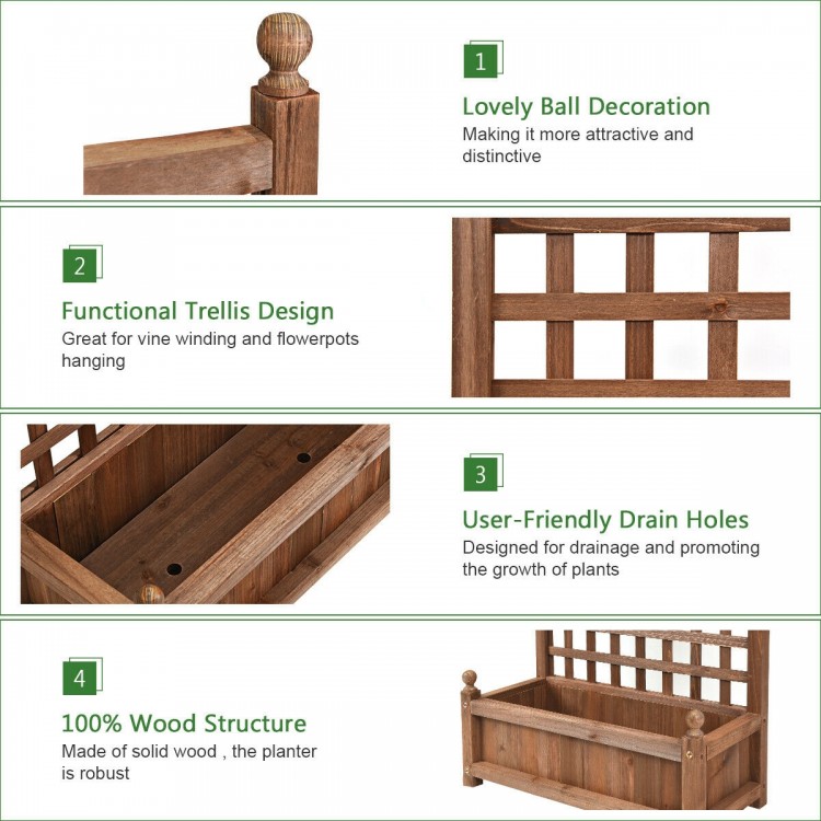 Solid wood planter box with trellis design, featuring drain holes for outdoor use, perfect for gardens and balconies.