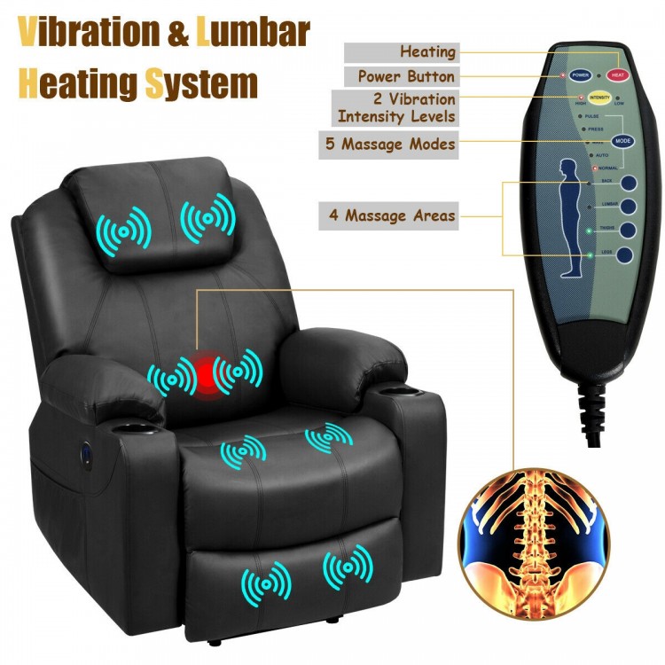 Electric power lift leather massage sofa in black featuring 8 vibrating nodes, lumbar heating, and 5 massage modes for.