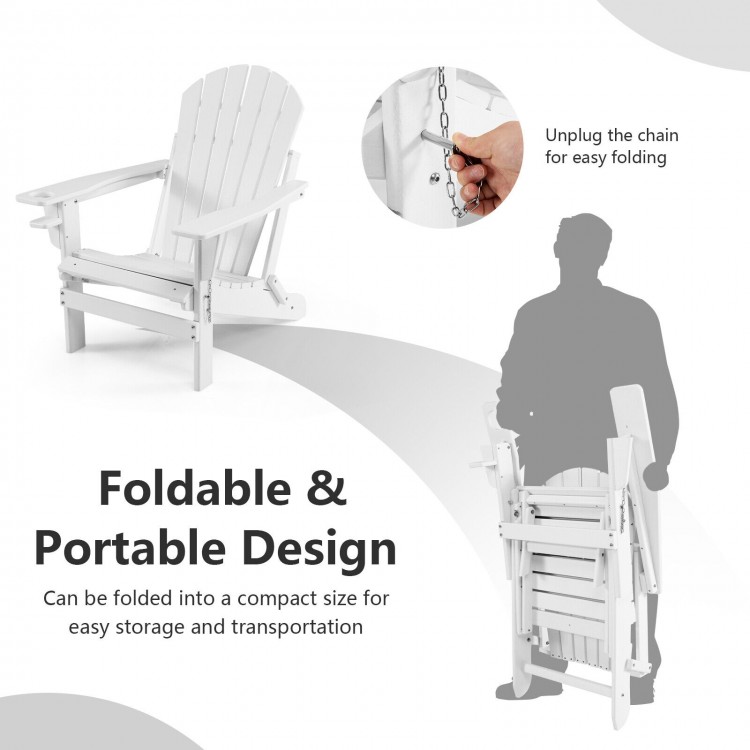 Folding Adirondack chair in white with retractable ottoman, made of HDPE for weather resistance, ideal for outdoor.