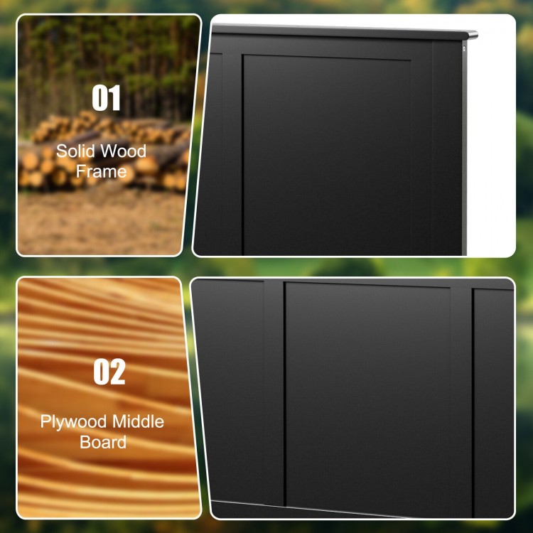 Solid wood frame and plywood detail of the black flat panel headboard, featuring pre-drilled holes for easy.