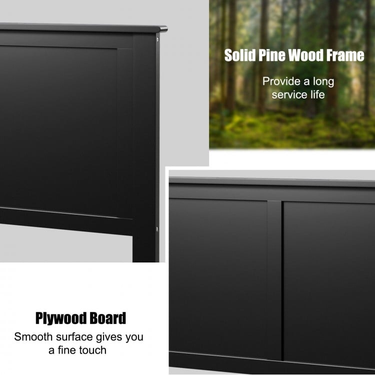 Solid wood flat panel headboard in black for twin-size bed, featuring a smooth surface and adjustable height for modern.