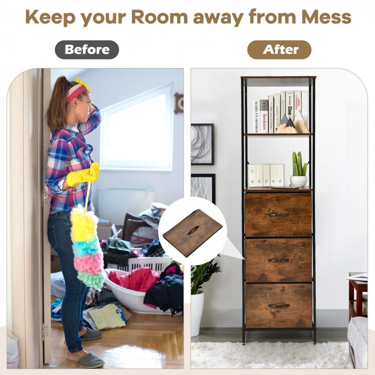 Freestanding vertical 3 drawer dresser in rustic brown with 3 shelves, perfect for organizing living room or bedroom.