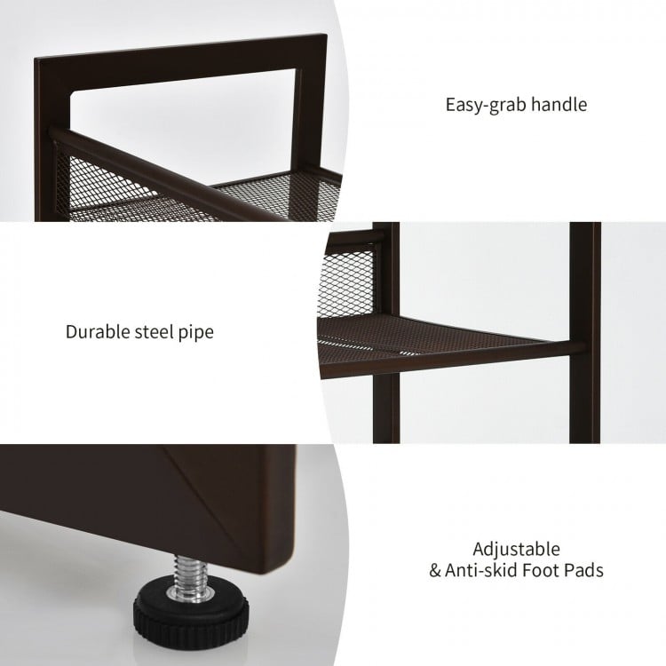 Close-up of the 4-tier metal shoe rack's durable steel pipe and adjustable foot pads, ideal for compact entryway.