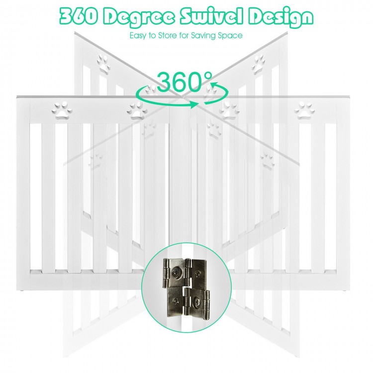 24-inch white folding wooden dog gate with 360° flexible hinge, ideal for safe pet containment and easy storage.
