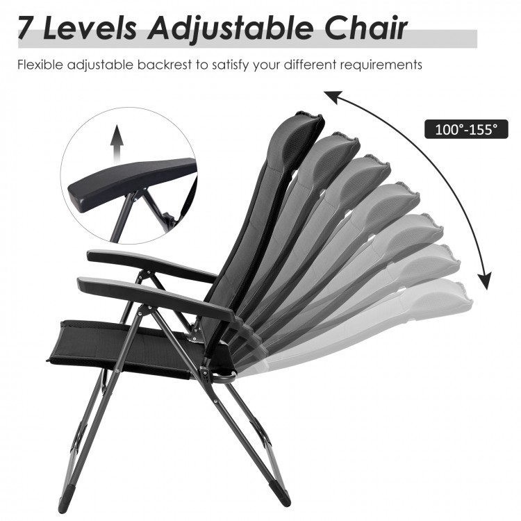 Adjustable backrest of a black portable patio chair set, made of iron and nylon, perfect for camping and outdoor use.