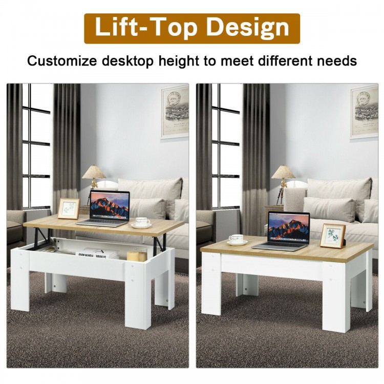 Lift-top coffee table in white with adjustable height, hidden storage, and minimalist design for home or office use.