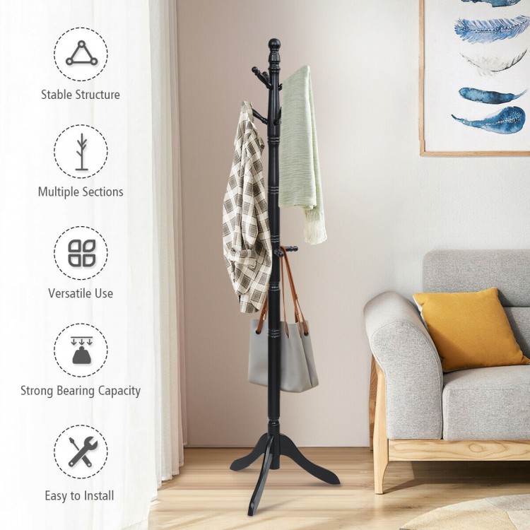 Black adjustable free-standing wooden coat rack with 9 hooks, sturdy rubberwood, ideal for entryway or living room use.