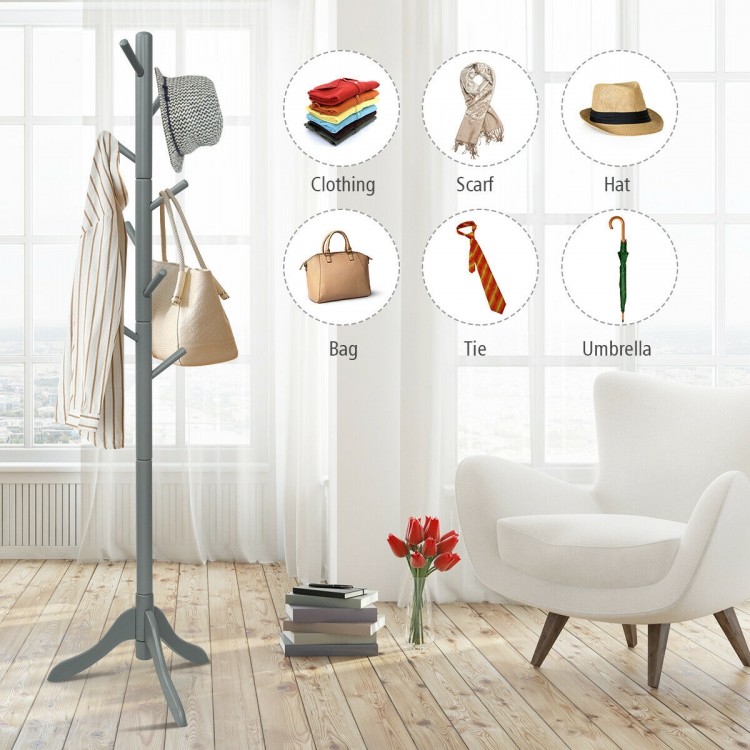 Adjustable gray wooden coat rack with 8 hooks, sturdy rubber wood, perfect for organizing clothing and accessories.