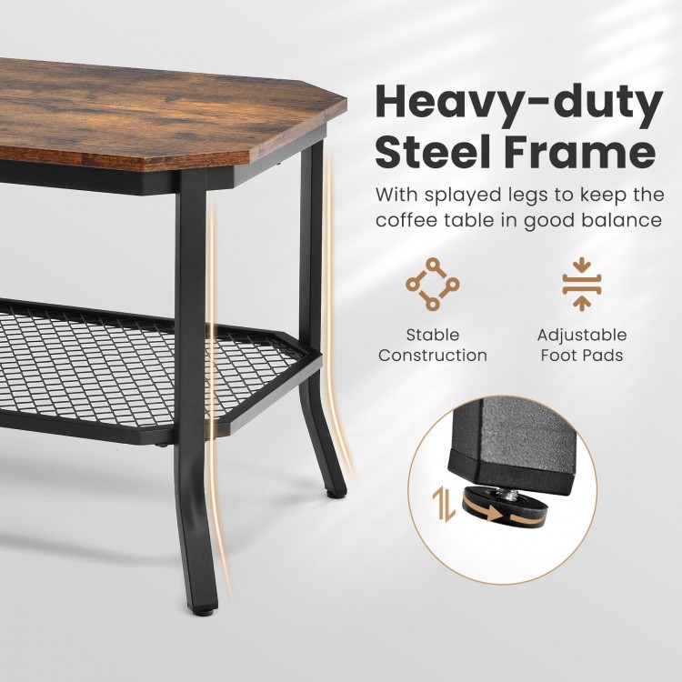 2-tier industrial coffee table with rustic brown octagonal tabletop and metal mesh shelf, featuring a sturdy steel.