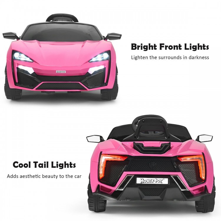 Pink 12V electric vehicle showcasing bright front lights and cool tail lights, perfect for kids' outdoor fun.