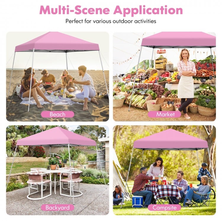 Pink 10 x 10 feet outdoor pop-up canopy shown in various settings, ideal for camping, picnics, and family gatherings.