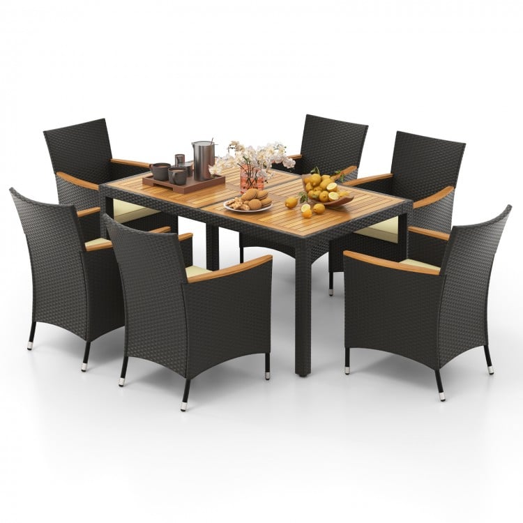 Stylish 7-piece outdoor dining set with ergonomic armrests and adjustable foot pads, ideal for backyard dining.