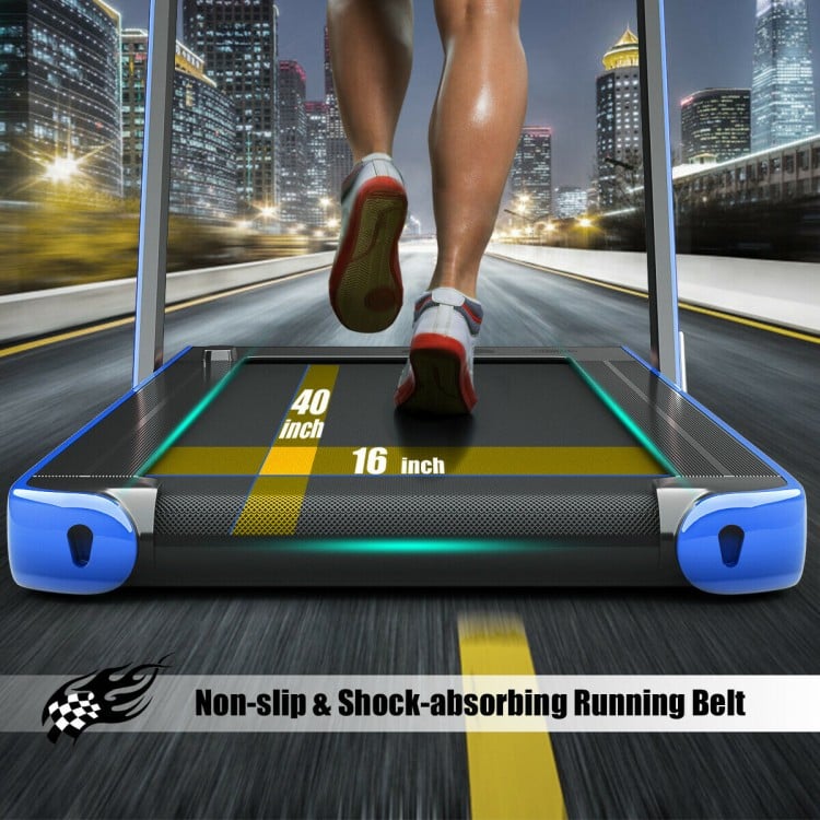 Close-up of the 2-in-1 electric treadmill's 40-inch shock-absorbing running belt, ideal for fitness and home workouts.