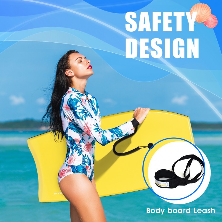 Bright yellow Super Lightweight Surfing Bodyboard-M with leash, designed for safety and comfort during water sports.