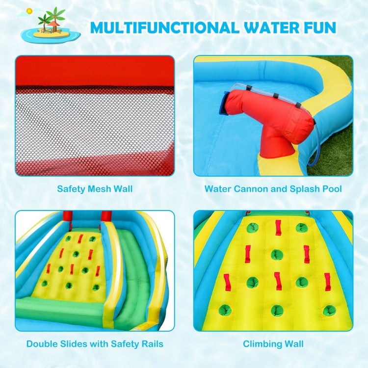Inflatable water park with double slides, climbing wall, safety mesh, and splash pool for summer fun.