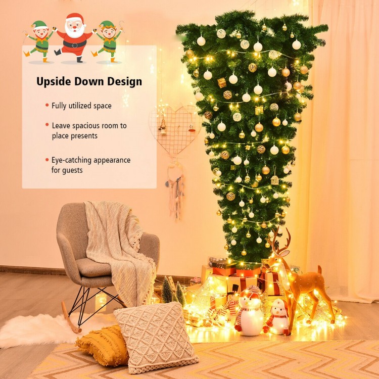 7 feet unlit upside down artificial Christmas tree with 1000 branch tips, perfect for saving floor space and creative.
