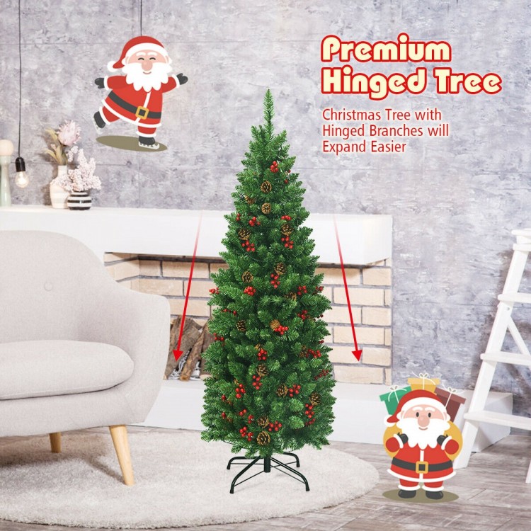 4.5 feet pre-lit hinged pencil Christmas tree with pine cones and red berries, perfect for small spaces and easy.