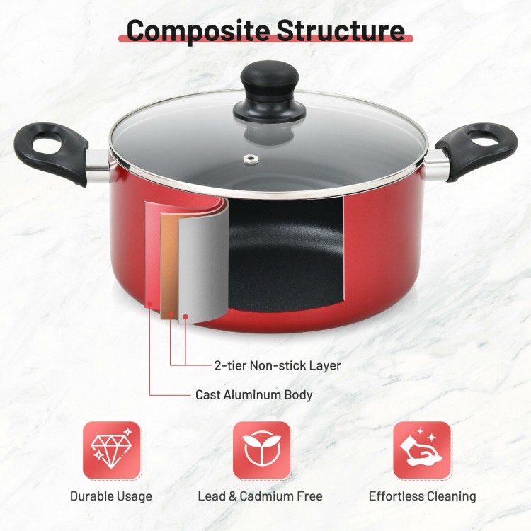 Red hard anodized aluminum pot with tempered glass lid and nonstick coating, ideal for effortless cooking and cleaning.